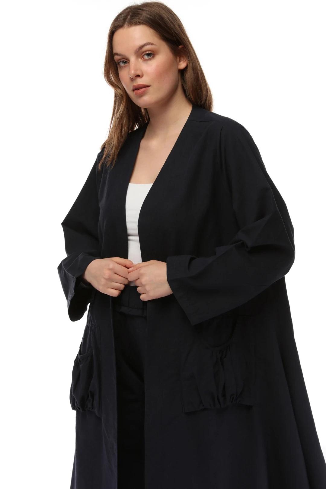 Siyah Uzun Keten Kaftan - Cep Detaylı, Yıkanmış Dökümlü Kumaş butik bohem giyim – Yılday Gür Butik Üsküdar Emaar