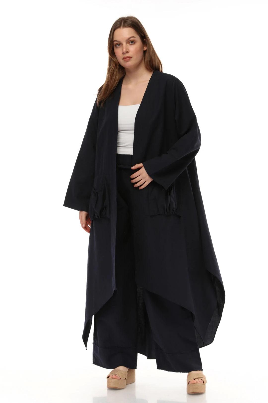 Siyah Uzun Keten Kaftan - Cep Detaylı, Yıkanmış Dökümlü Kumaş butik bohem giyim – Yılday Gür Butik Üsküdar Emaar