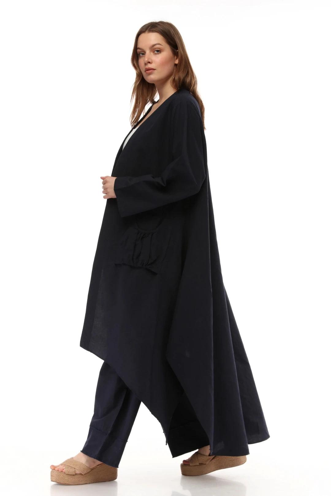 Siyah Uzun Keten Kaftan - Cep Detaylı, Yıkanmış Dökümlü Kumaş butik bohem giyim – Yılday Gür Butik Üsküdar Emaar