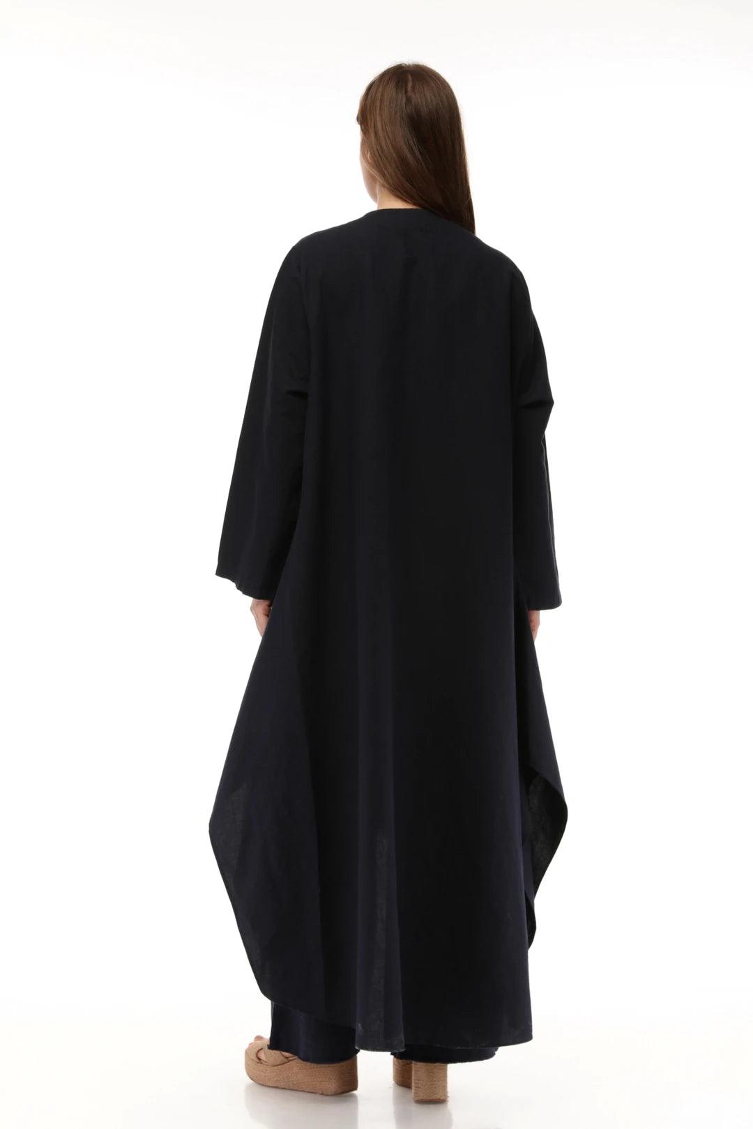 Siyah Uzun Keten Kaftan - Cep Detaylı, Yıkanmış Dökümlü Kumaş butik bohem giyim – Yılday Gür Butik Üsküdar Emaar