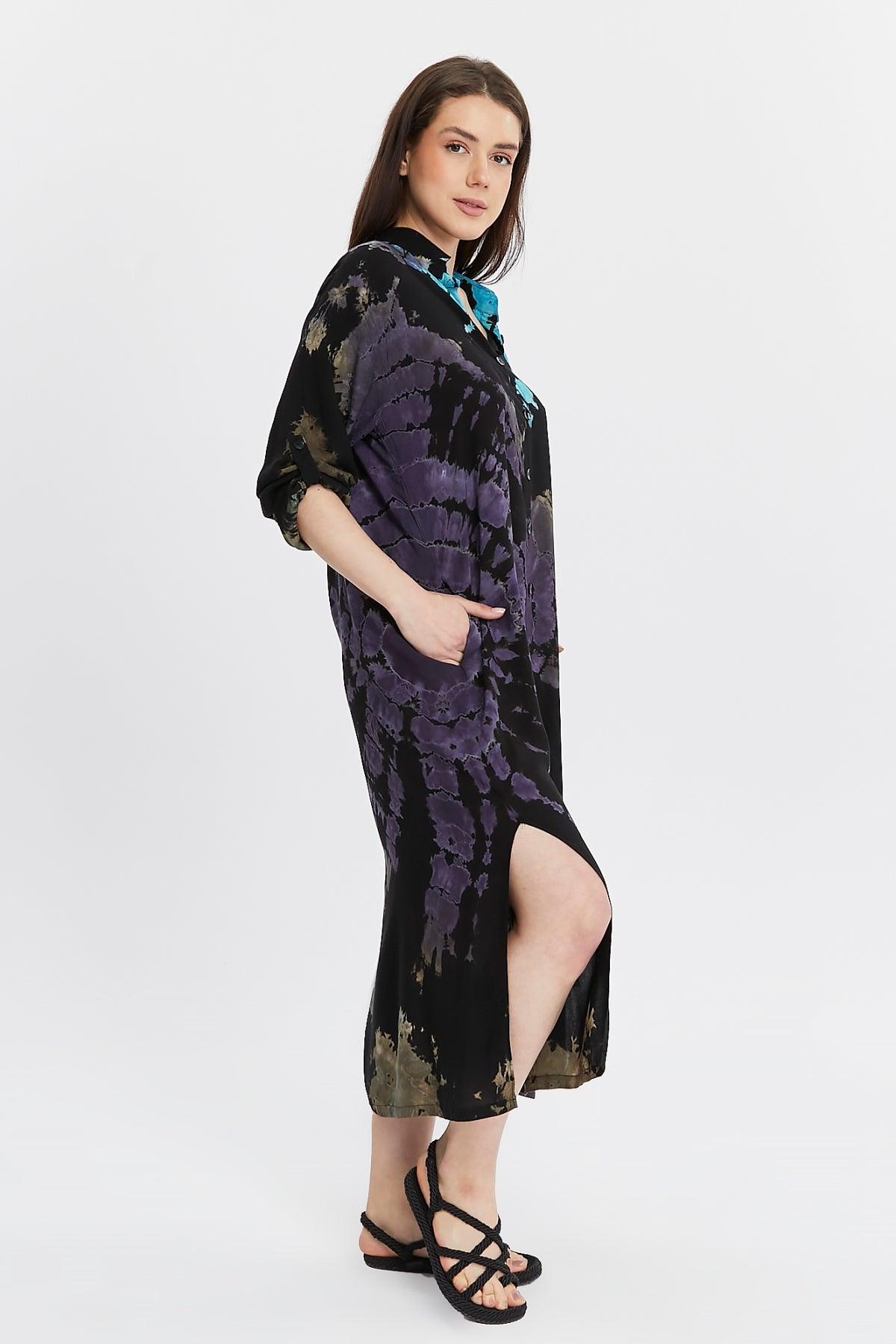 Siyah Yırtmaçlı Batik Desenli Gömlek Elbise Elbiseler butik bohem giyim – Yılday Gür Butik Üsküdar Emaar