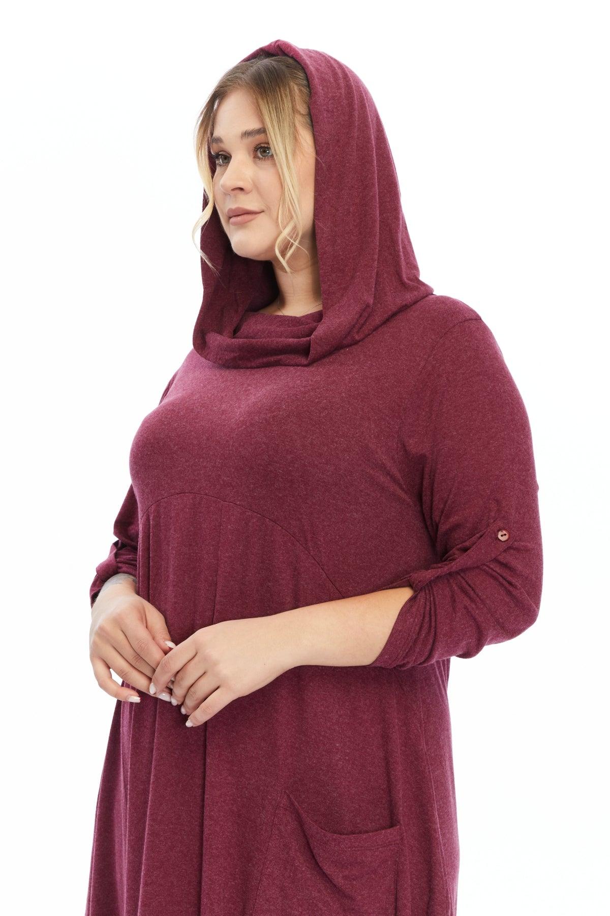 Yün Viskon Kapüşonlu Bordo Elbise – Bohem Tarz Kadın Giyim Tasarım | Yılday Gür Butik